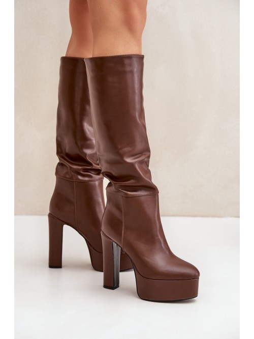 Knee High Boots On A Heel And Platform Made Of Eco Leather Brown Felilorn 2
