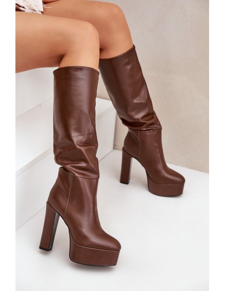 Knee High Boots On A Heel And Platform Made Of Eco Leather Brown Felilorn