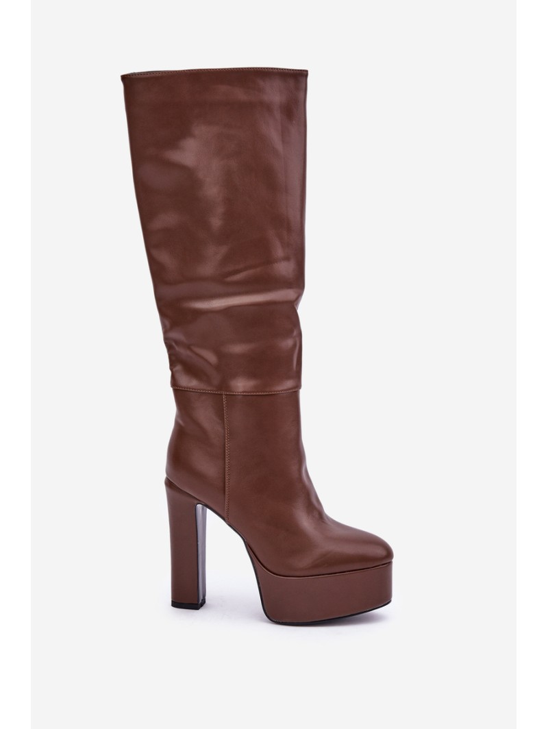 Knee High Boots On A Heel And Platform Made Of Eco Leather Brown Felilorn