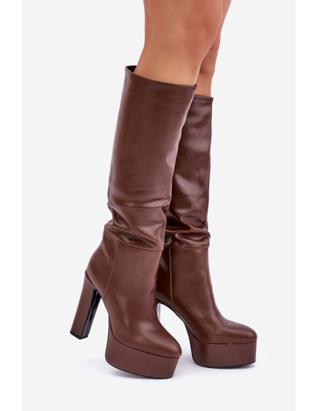 Knee High Boots On A Heel And Platform Made Of Eco Leather Brown Felilorn