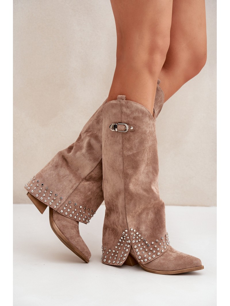 Knee-high Boots With Rolled Shaft On Heel Dark Beige Iveliri