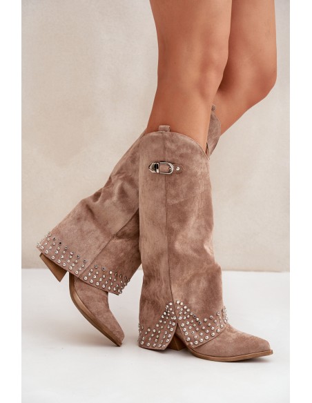 Knee-high Boots With Rolled Shaft On Heel Dark Beige Iveliri