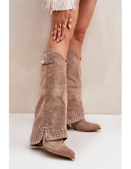 Knee-high Boots With Rolled Shaft On Heel Dark Beige Iveliri