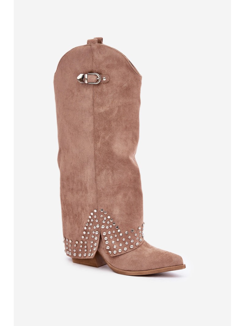 Knee-high Boots With Rolled Shaft On Heel Dark Beige Iveliri