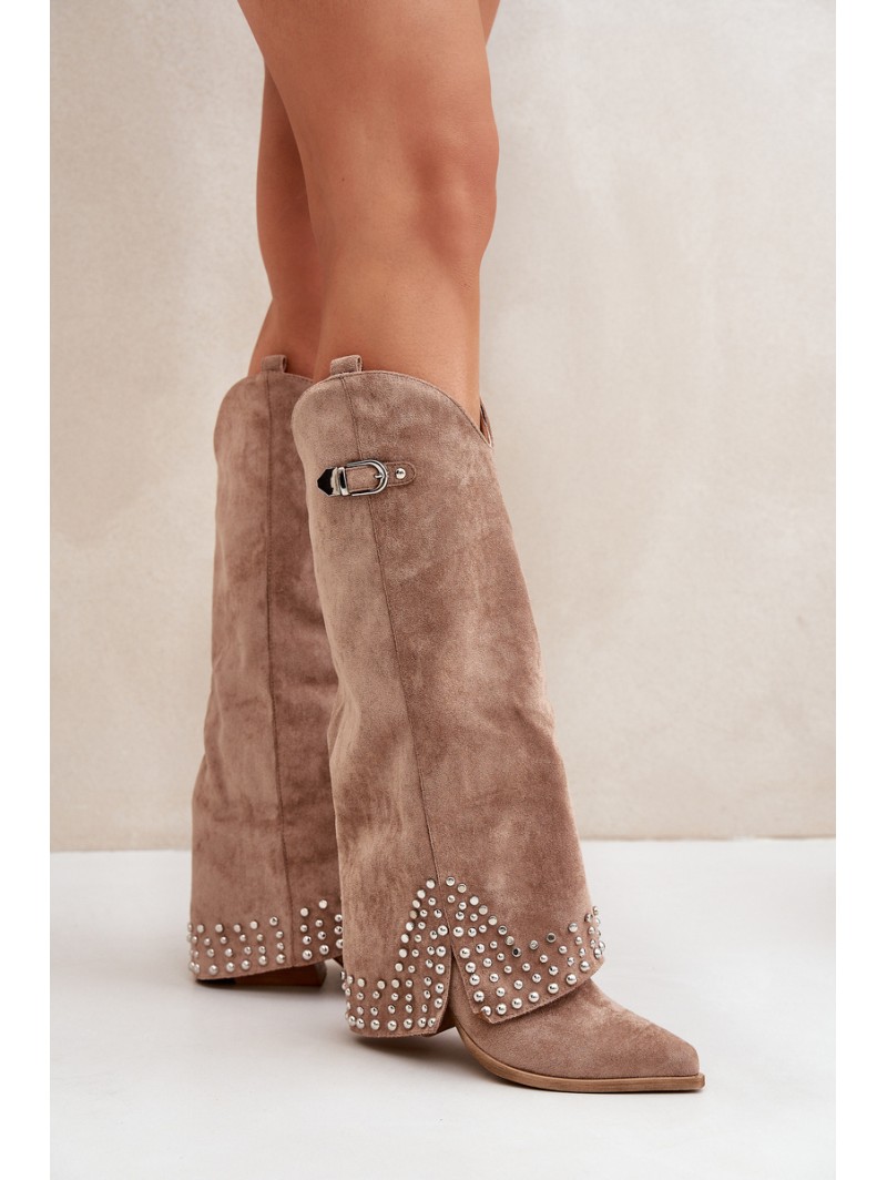 Knee-high Boots With Rolled Shaft On Heel Dark Beige Iveliri