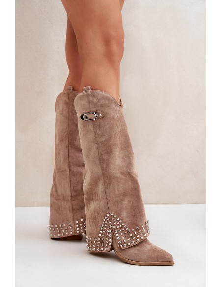 Knee-high Boots With Rolled Shaft On Heel Dark Beige Iveliri