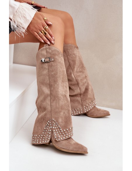 Knee-high Boots With Rolled Shaft On Heel Dark Beige Iveliri