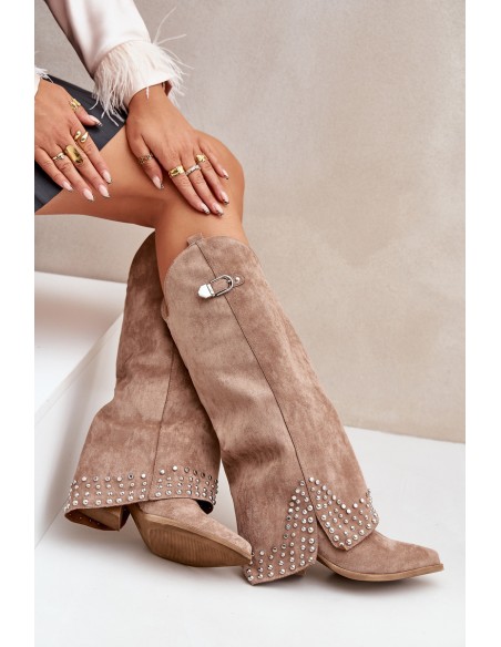 Knee-high Boots With Rolled Shaft On Heel Dark Beige Iveliri