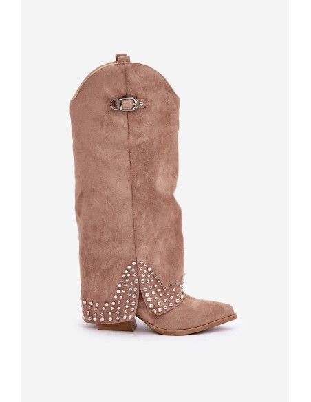 Knee-high Boots With Rolled Shaft On Heel Dark Beige Iveliri