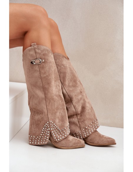 Knee-high Boots With Rolled Shaft On Heel Dark Beige Iveliri