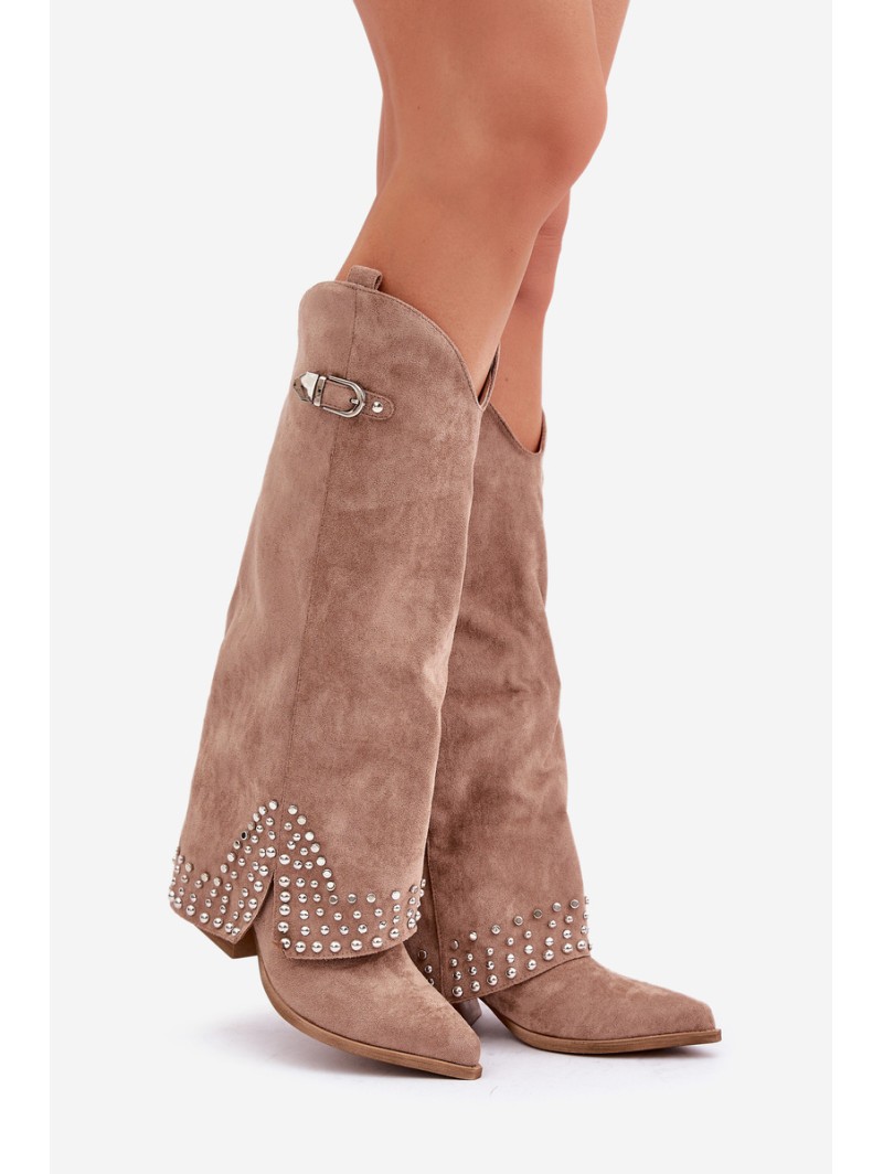 Knee-high Boots With Rolled Shaft On Heel Dark Beige Iveliri