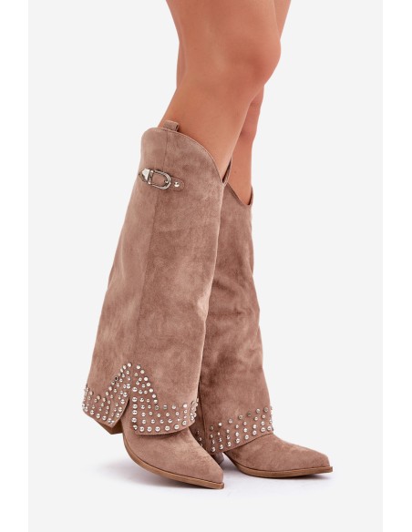 Knee-high Boots With Rolled Shaft On Heel Dark Beige Iveliri