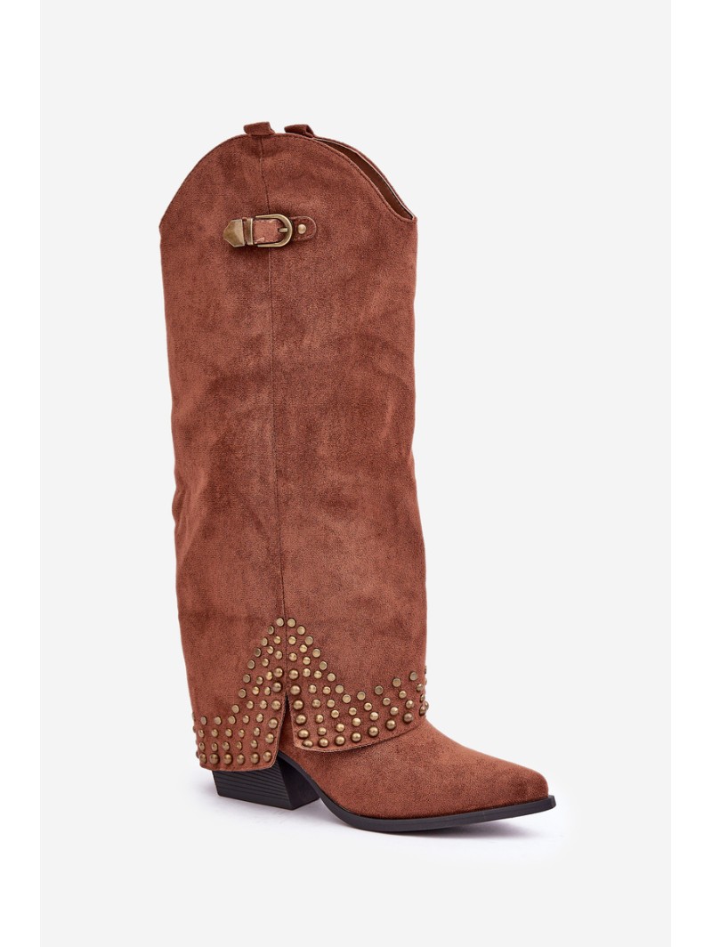 Knee Boots With Rolled Shaft On Heel Brown Iveliri