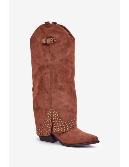 Knee Boots With Rolled Shaft On Heel Brown Iveliri