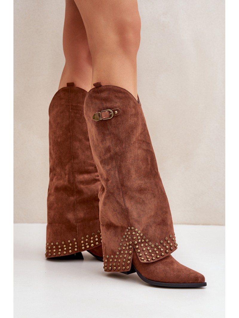 Knee Boots With Rolled Shaft On Heel Brown Iveliri