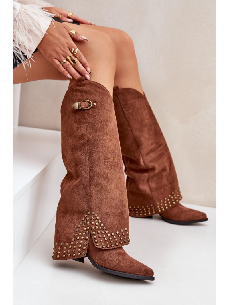 Knee Boots With Rolled Shaft On Heel Brown Iveliri