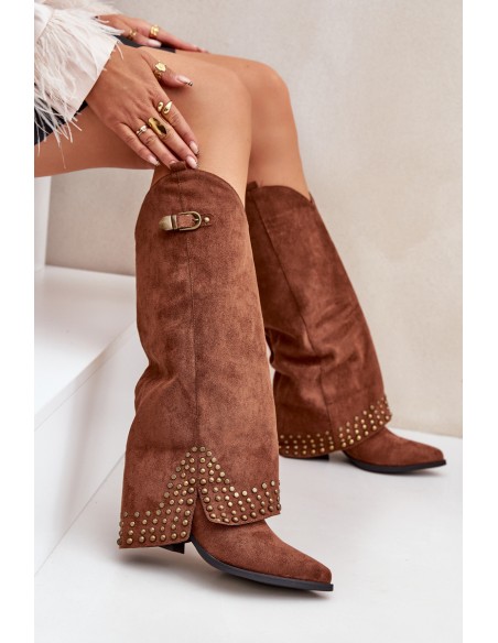 Knee Boots With Rolled Shaft On Heel Brown Iveliri
