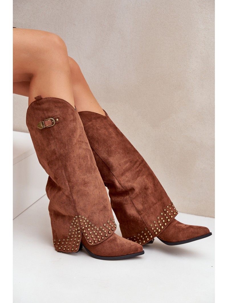 Knee Boots With Rolled Shaft On Heel Brown Iveliri