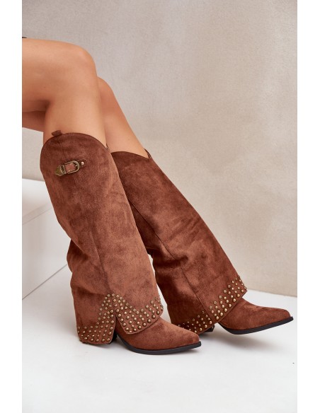 Knee Boots With Rolled Shaft On Heel Brown Iveliri