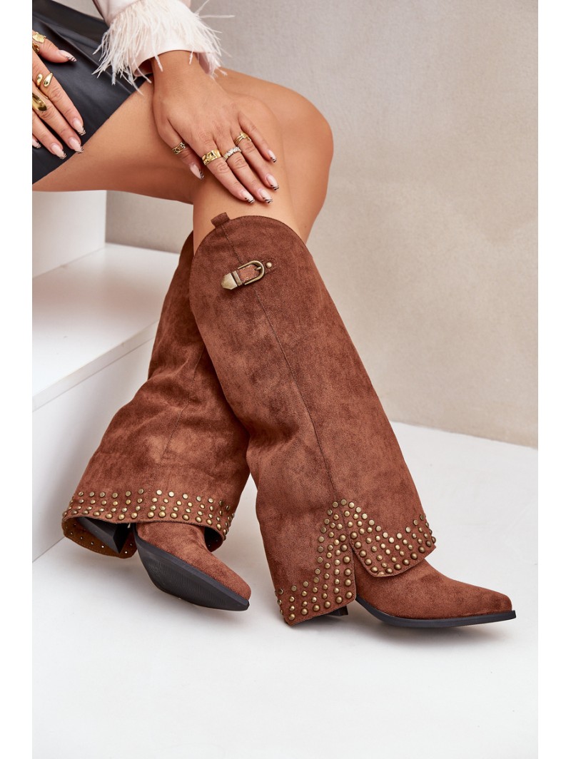 Knee Boots With Rolled Shaft On Heel Brown Iveliri