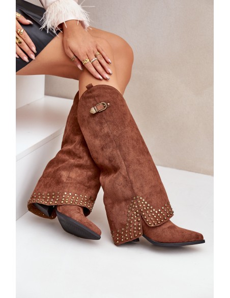 Knee Boots With Rolled Shaft On Heel Brown Iveliri