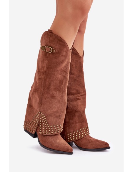Knee Boots With Rolled Shaft On Heel Brown Iveliri