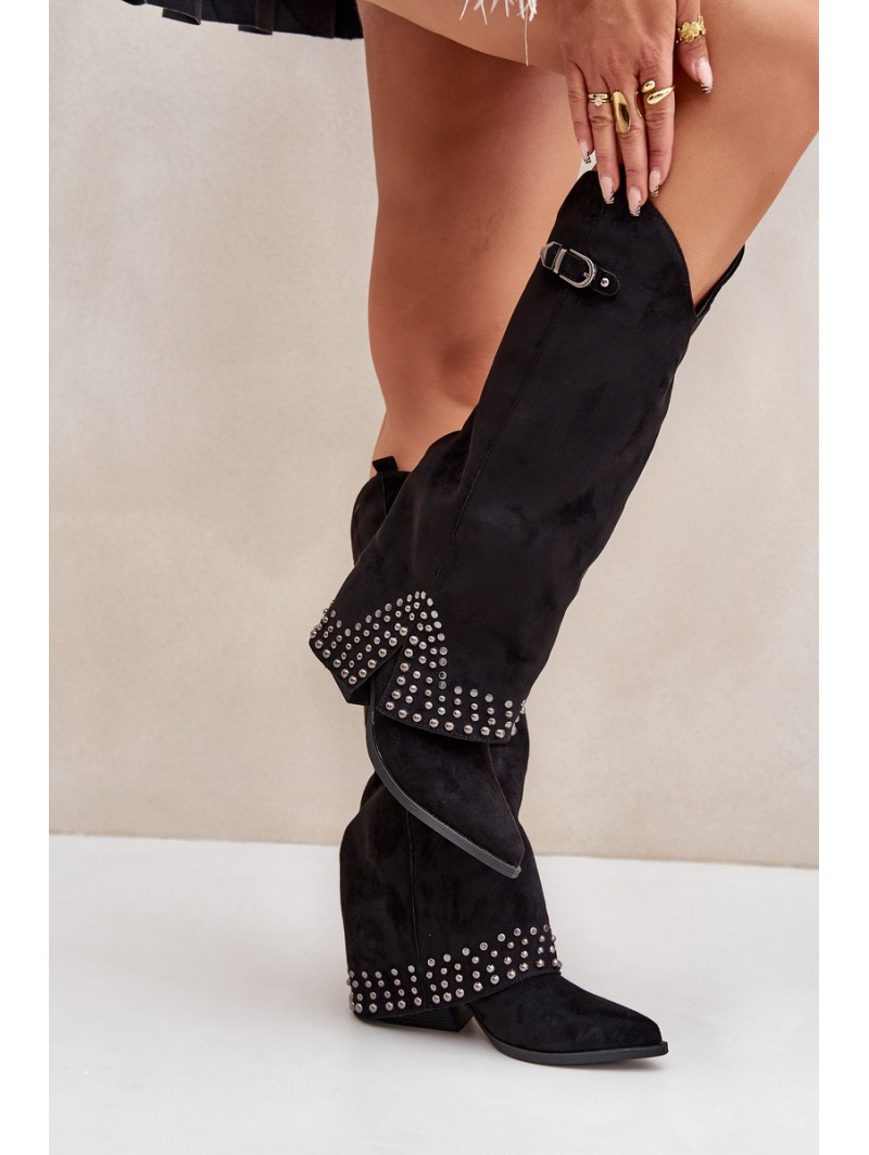 Knee Boots With Rolled Shaft On Heel Black Iveliri