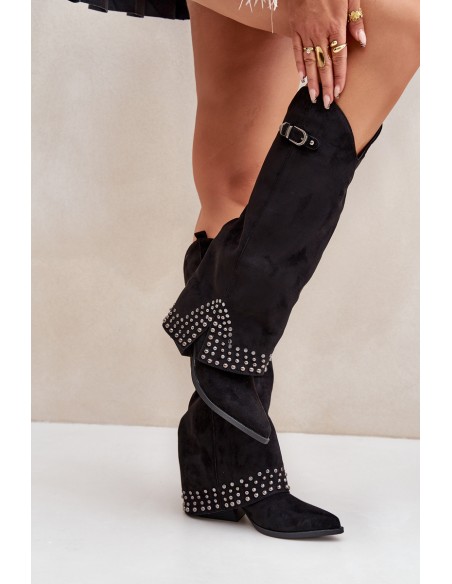 Knee Boots With Rolled Shaft On Heel Black Iveliri