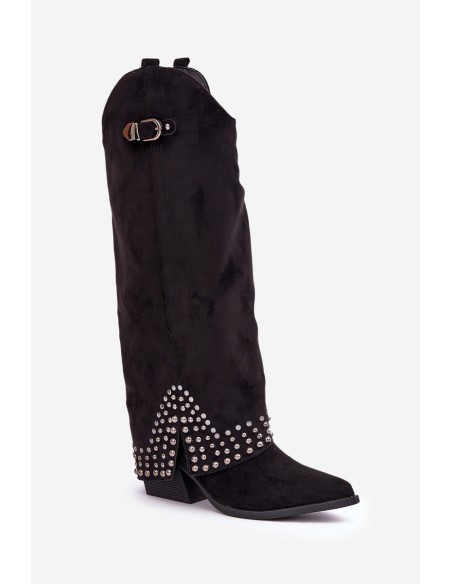 Knee Boots With Rolled Shaft On Heel Black Iveliri