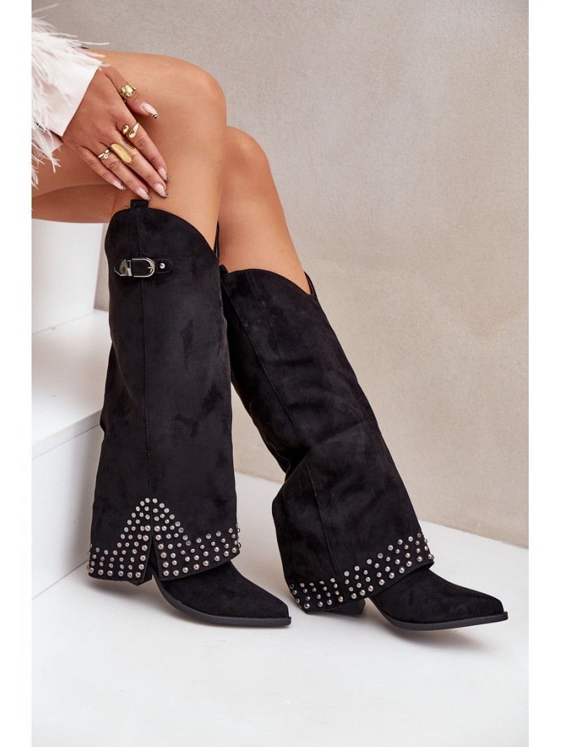 Knee Boots With Rolled Shaft On Heel Black Iveliri