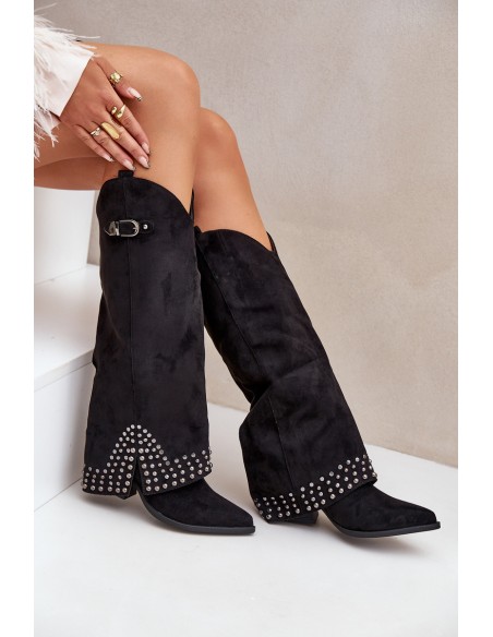 Knee Boots With Rolled Shaft On Heel Black Iveliri