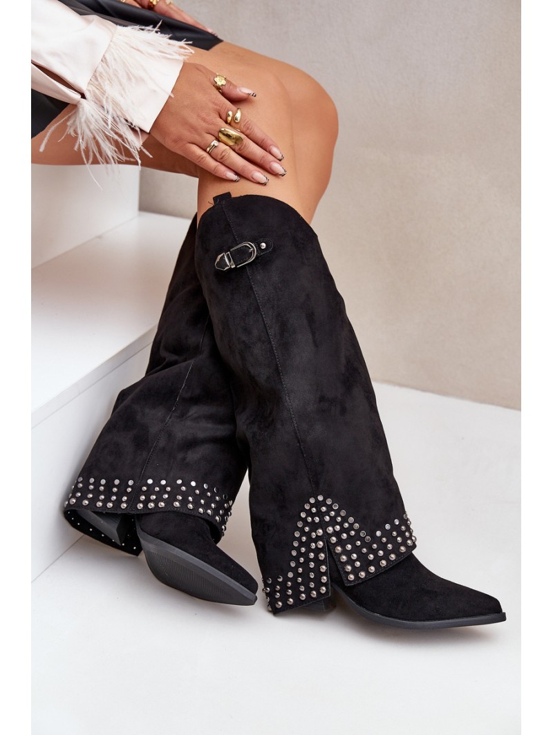 Knee Boots With Rolled Shaft On Heel Black Iveliri