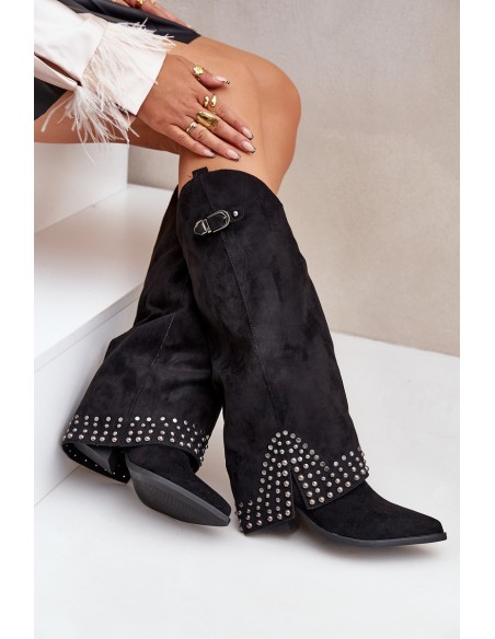 Knee Boots With Rolled Shaft On Heel Black Iveliri