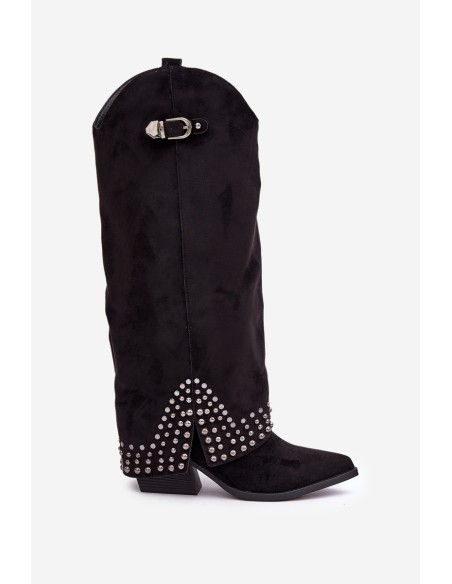 Knee Boots With Rolled Shaft On Heel Black Iveliri