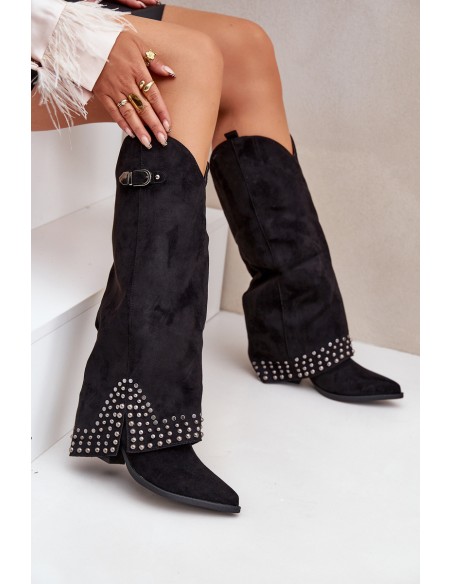 Knee Boots With Rolled Shaft On Heel Black Iveliri