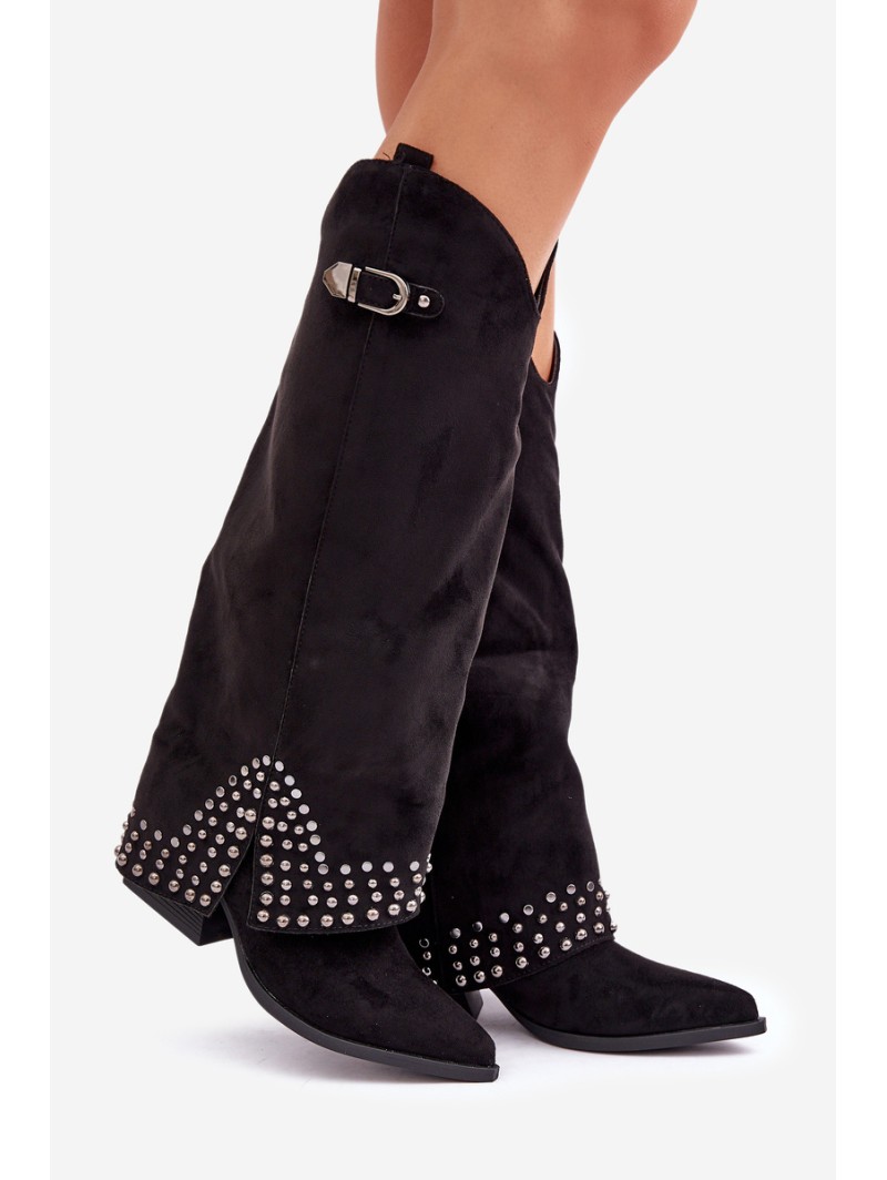 Knee Boots With Rolled Shaft On Heel Black Iveliri