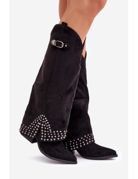Knee Boots With Rolled Shaft On Heel Black Iveliri