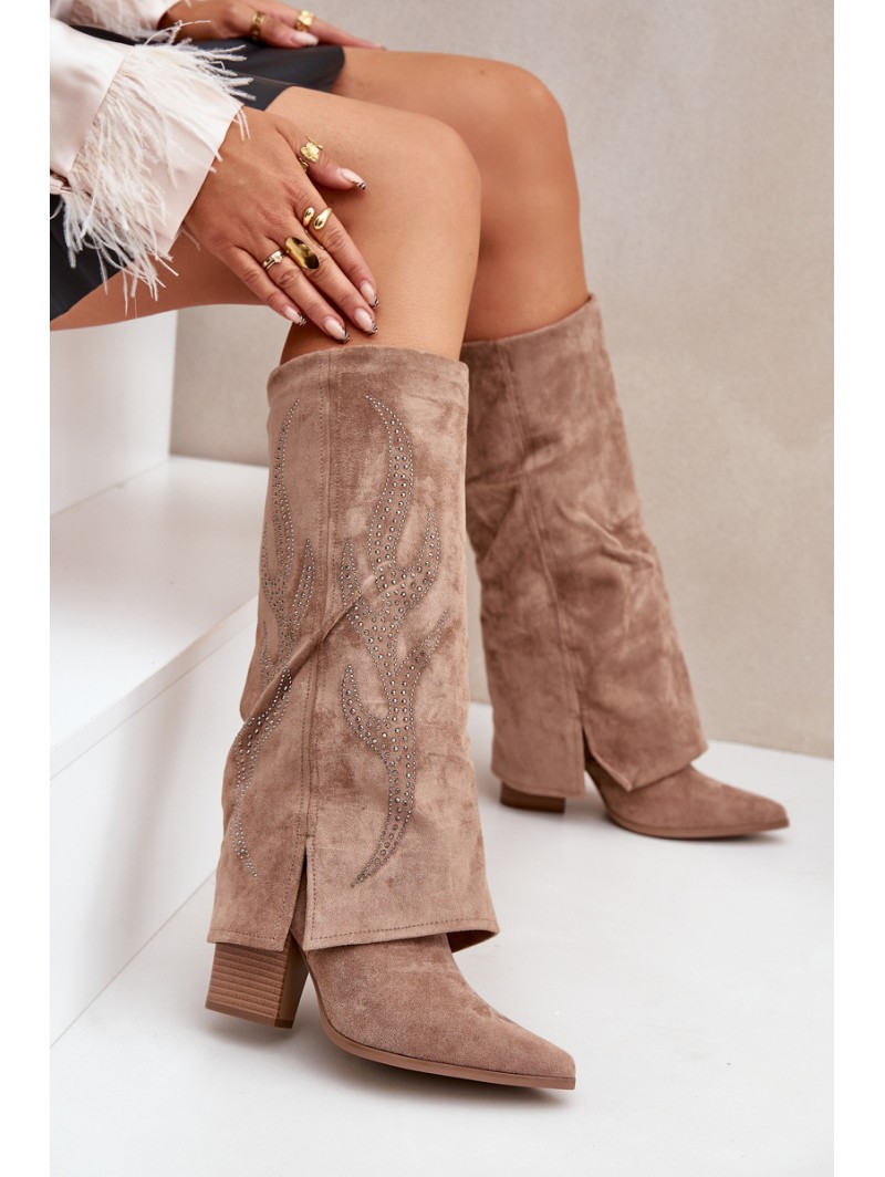 Decorated Knee-High Boots With Turned Cuff On Heel Dark Beige Ivilta