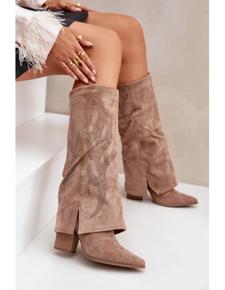 Decorated Knee-High Boots With Turned Cuff On Heel Dark Beige Ivilta