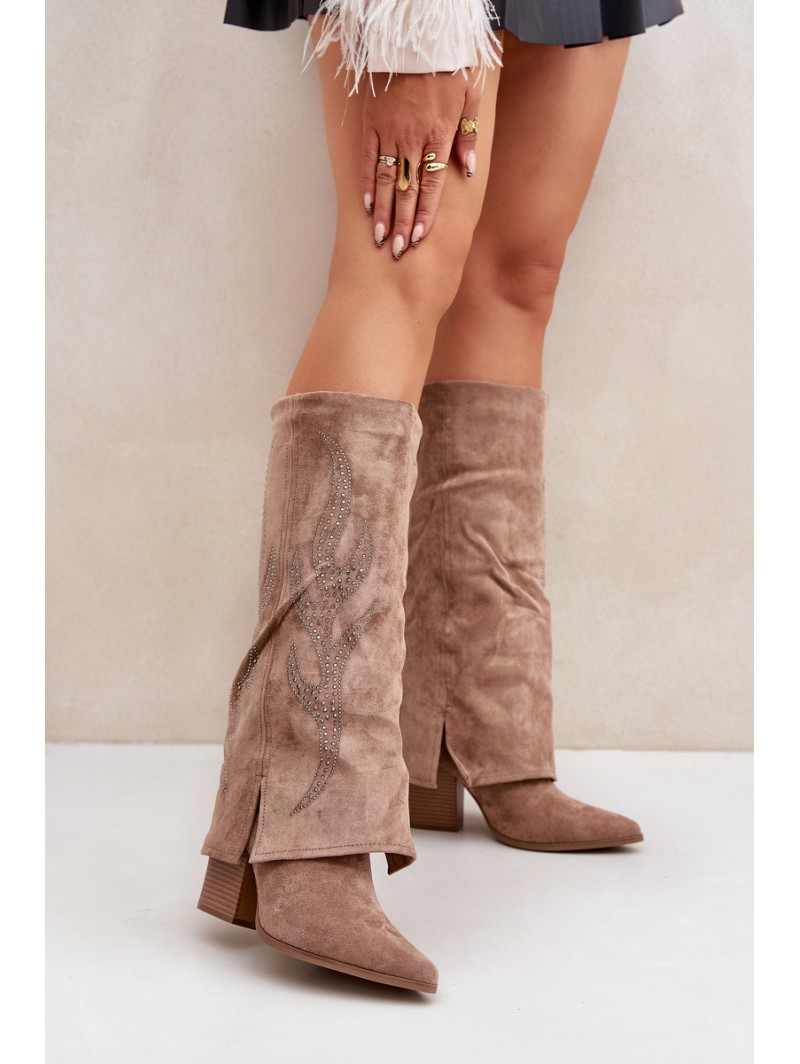 Decorated Knee-High Boots With Turned Cuff On Heel Dark Beige Ivilta