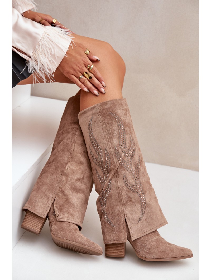Decorated Knee-High Boots With Turned Cuff On Heel Dark Beige Ivilta