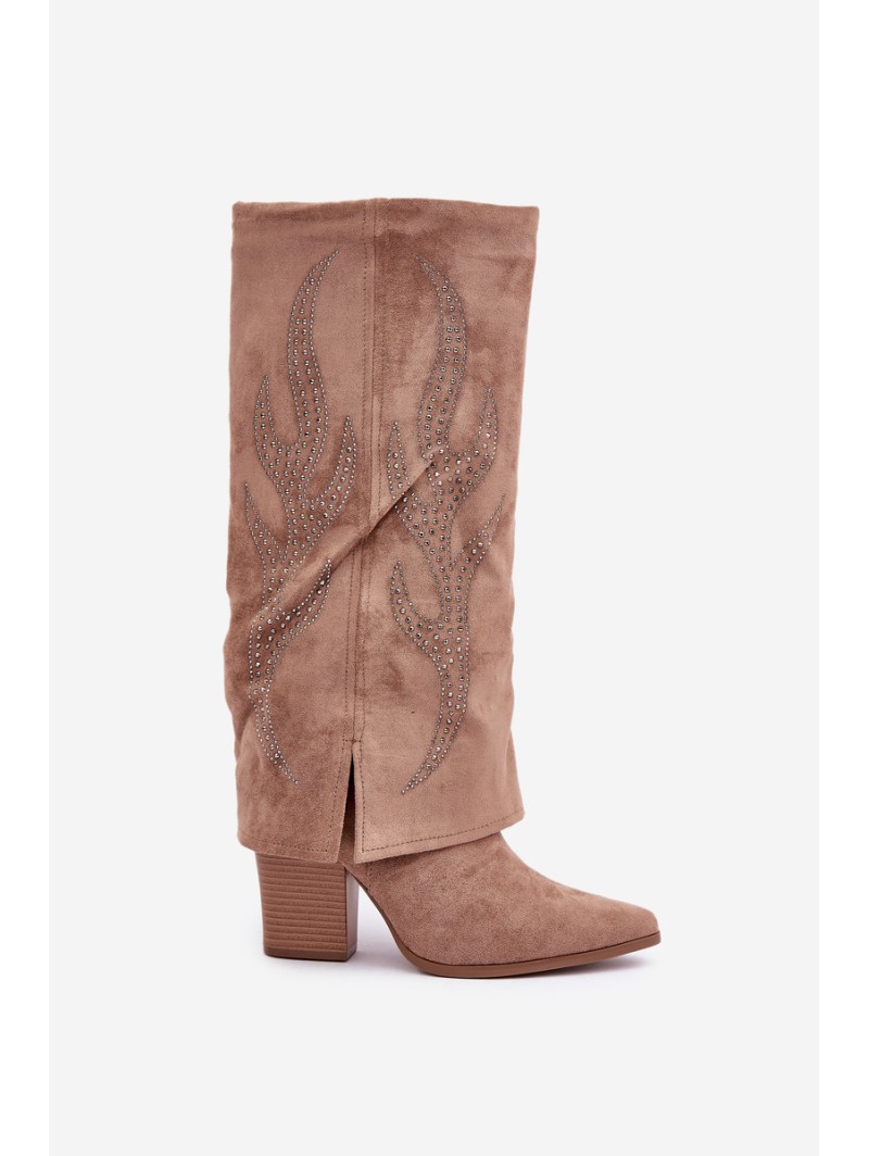 Decorated Knee-High Boots With Turned Cuff On Heel Dark Beige Ivilta