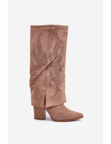 Decorated Knee-High Boots With Turned Cuff On Heel Dark Beige Ivilta