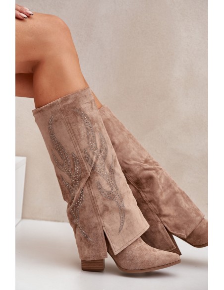 Decorated Knee-High Boots With Turned Cuff On Heel Dark Beige Ivilta