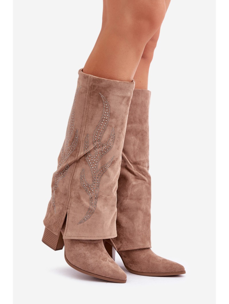 Decorated Knee-High Boots With Turned Cuff On Heel Dark Beige Ivilta