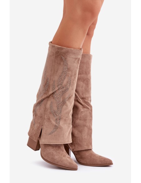 Decorated Knee-High Boots With Turned Cuff On Heel Dark Beige Ivilta