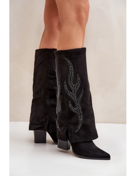 Decorated ankle boots with turned-down shaft on heel black Ivilta