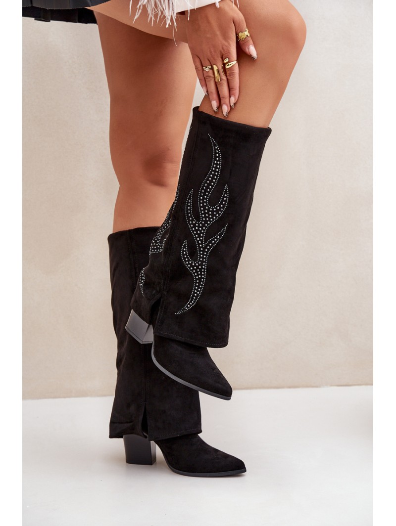 Decorated ankle boots with turned-down shaft on heel black Ivilta