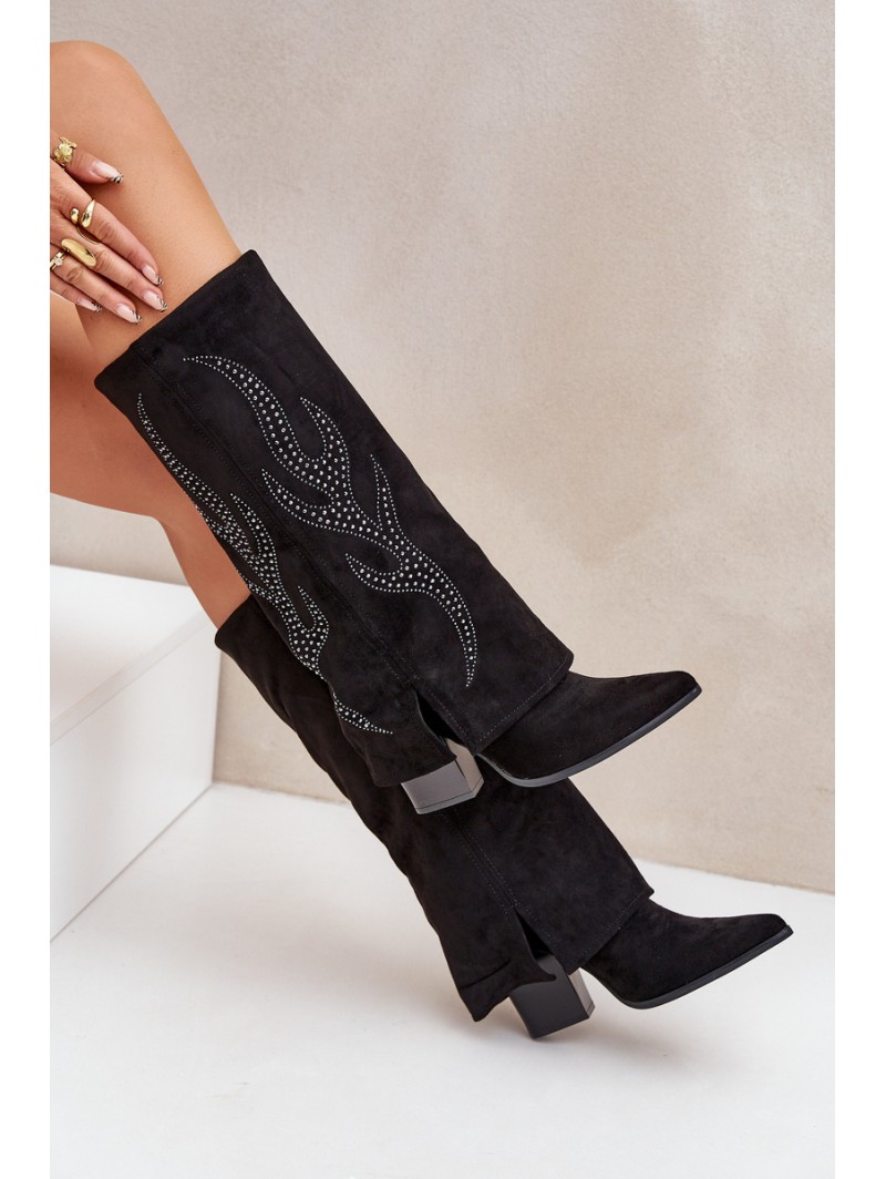 Decorated ankle boots with turned-down shaft on heel black Ivilta