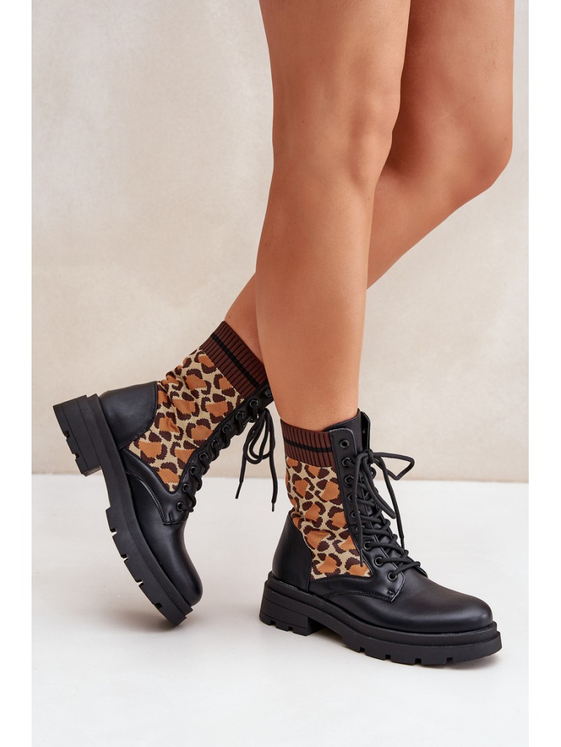 Women's Worker Ankle Boots With Sock In Leopard Black Penthis